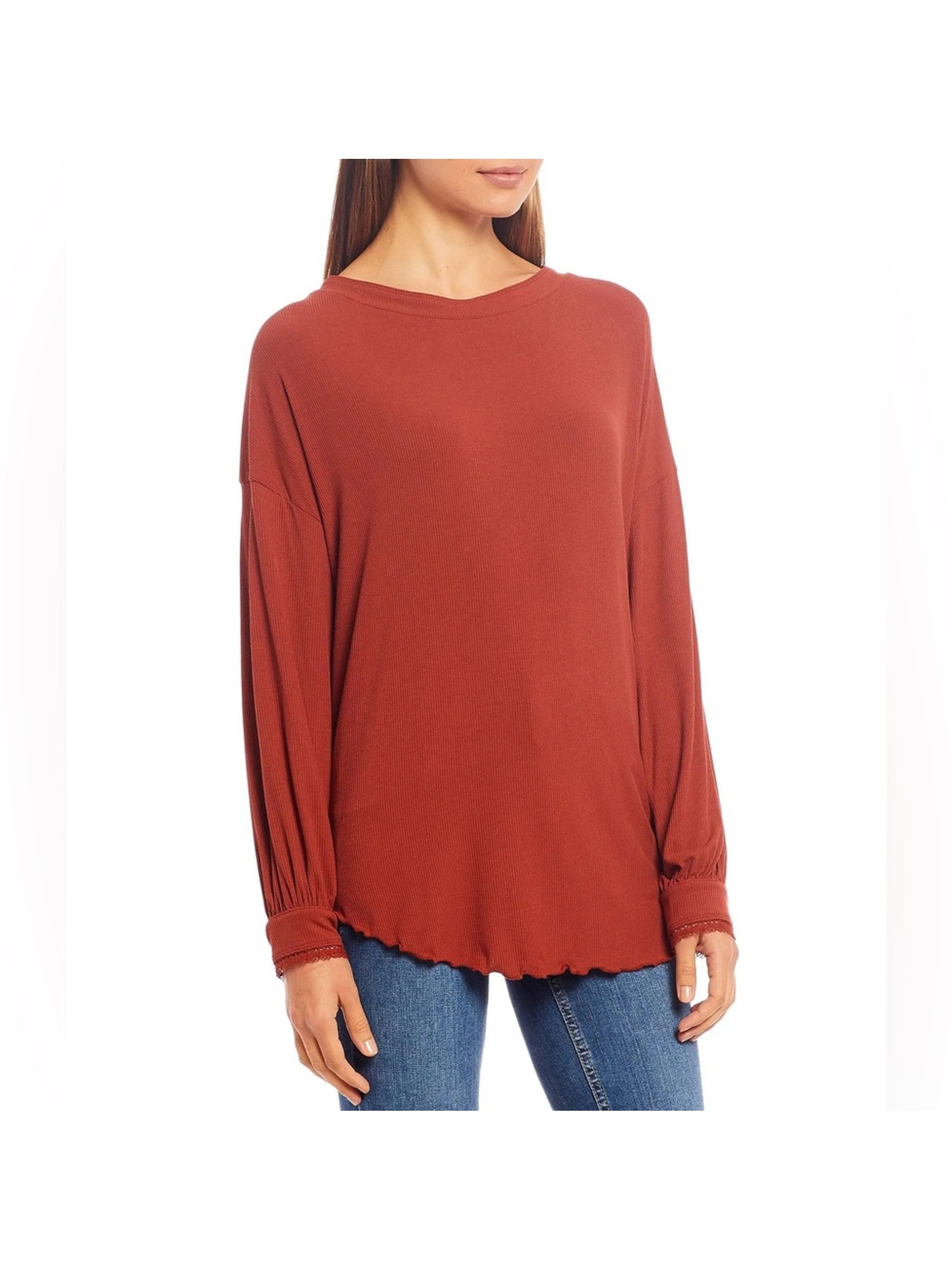 Free People Shimmy Shake Top Oversized Rust Long Sleeve Blouse Scalloped Hem Euc